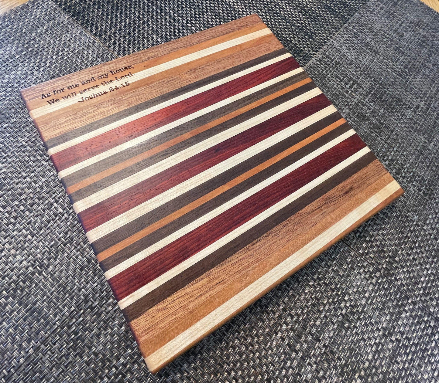 handmade engraved cutting board, exotic and domestic hardwood, 12" x 12"